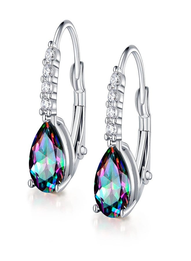 VOLUKA Teardrop Earrings for Women|7x9mm Pear-shaped Created Rainbow Mystic Halo CZ Dangle Earrings|18K White Gold Plated Drop Earrings Hypoallergenic Jewelry Gift - Image 1