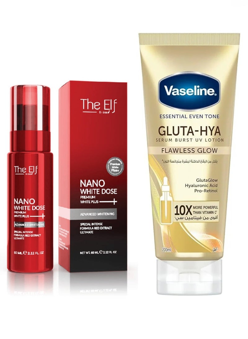 Vaseline Gluta-Hya Serum Burst Lotion Flawless Glow, 200ml + Nano White Dose Premium White Plus Serum 60ml