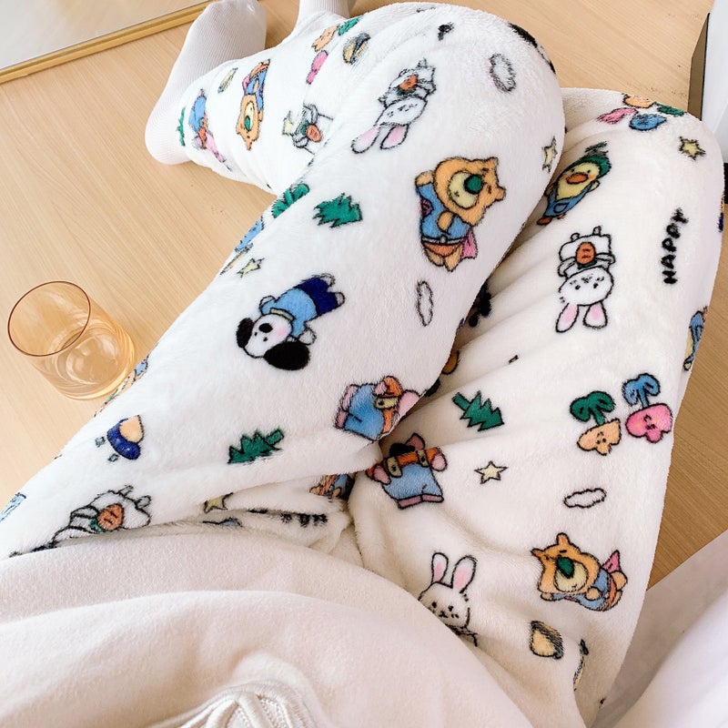 Cartoon Animal Flannel Pajama Pants for Women Autumn/Winter Thick Warm Casual Sleepwear Flannel animal world trousers - Image 2