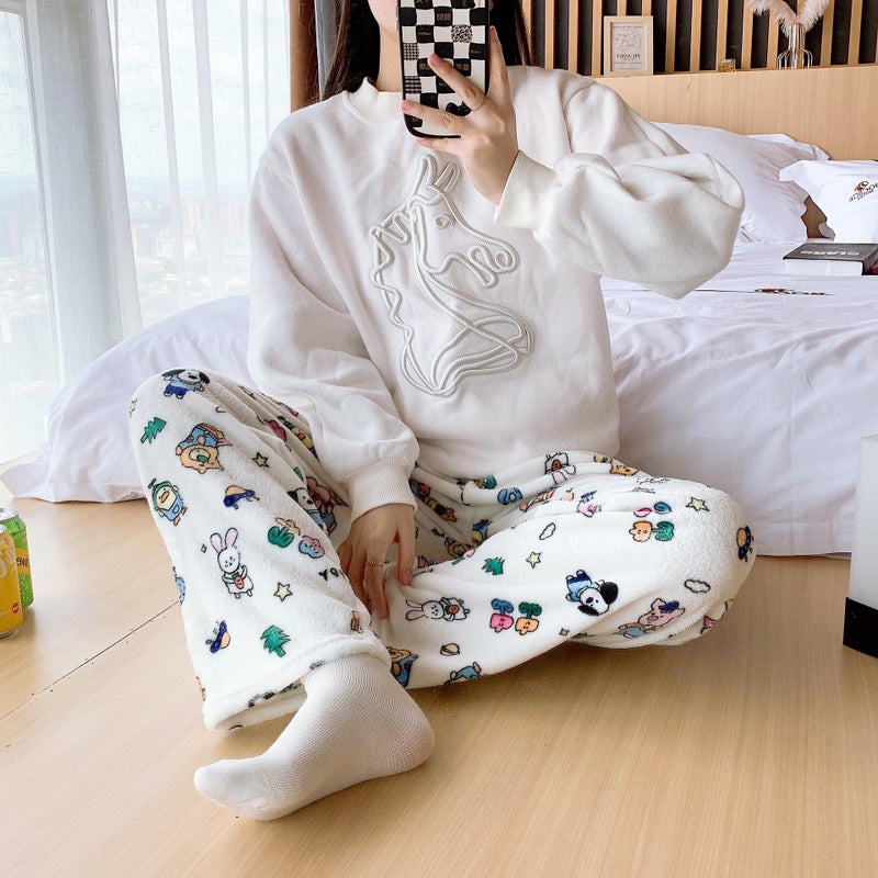 Cartoon Animal Flannel Pajama Pants for Women Autumn/Winter Thick Warm Casual Sleepwear Flannel animal world trousers - Image 3