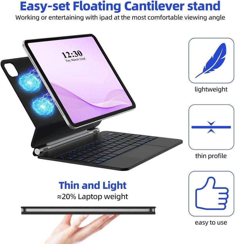 QPHWHFQ 【Arabic English】Magic Keyboard for iPad 11th(A16, 2025)/ iPad 10th Generation(2022), Keyboard Case for iPad 11th/10th with Magnetic Stand, Digital Display, Multi-Touch Trackpad, 7 Colors Backlit Keys - Image 5