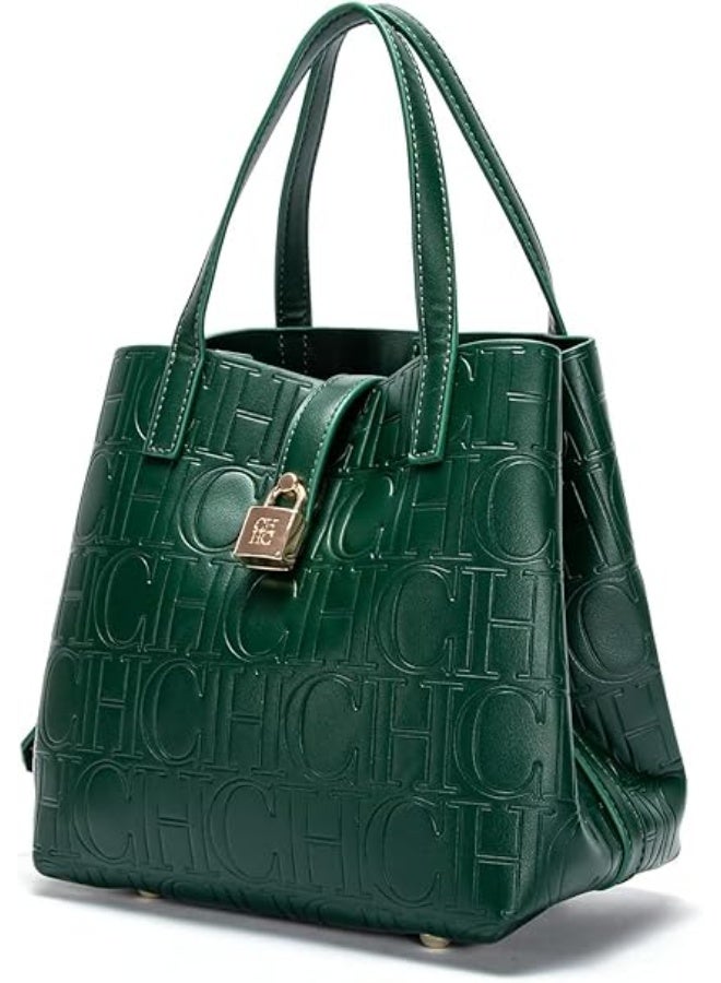 سي اتش سي اتش حقيبة توت نسائية صغيرة من CHCH – حقيبة خضراء من الجلد المضغوط بتصميم أنيق مع مقبض علوي وحزام كروس بودي، حقيبة منظمة للاستخدام اليومي والعمل والسفر - Image 2