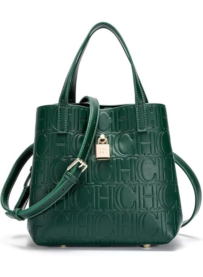 سي اتش سي اتش حقيبة توت نسائية صغيرة من CHCH – حقيبة خضراء من الجلد المضغوط بتصميم أنيق مع مقبض علوي وحزام كروس بودي، حقيبة منظمة للاستخدام اليومي والعمل والسفر - Image 1