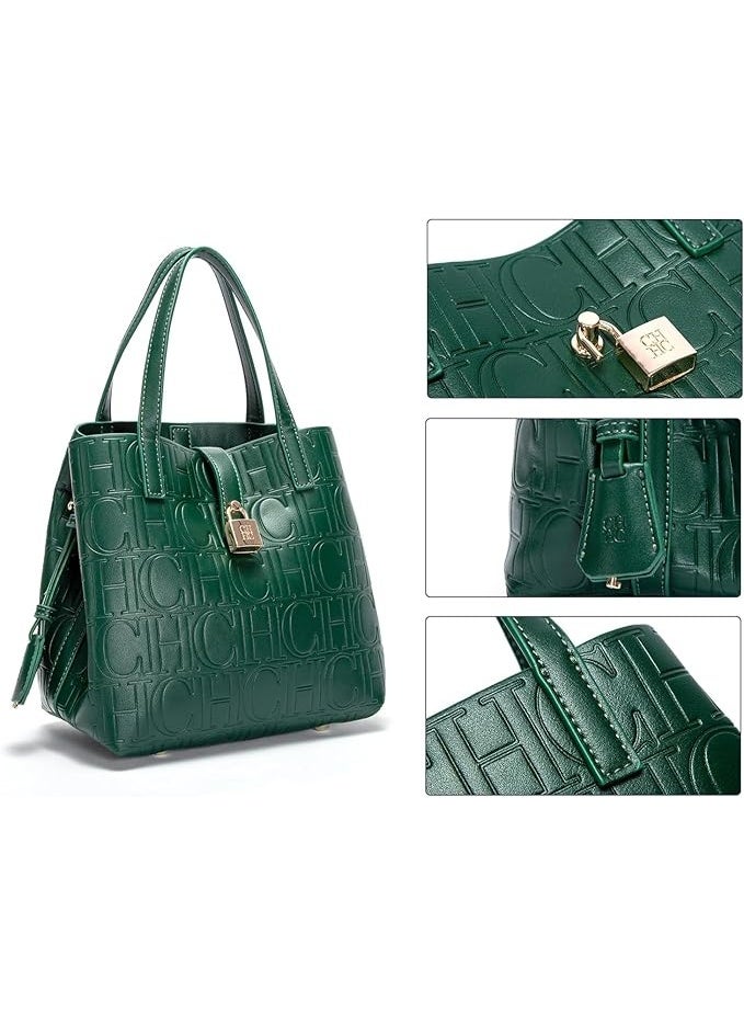 سي اتش سي اتش حقيبة توت نسائية صغيرة من CHCH – حقيبة خضراء من الجلد المضغوط بتصميم أنيق مع مقبض علوي وحزام كروس بودي، حقيبة منظمة للاستخدام اليومي والعمل والسفر - Image 4