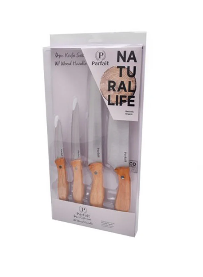 PARFAIT 4-Piece Kitchen Knife Set with Wooden Handle Silver and Brown 2.8 x 19 x 39 cm N-A555EA1001