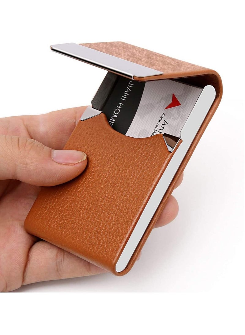 SYOSI Business Card Holder Case, Brown Fashion Professional PU Leather Business Card Carrier, Luxury Metal Name Card Holder with Magnetic Shut, Wallet Credit Card ID Case for Men & Women Best Gift  - Image 1