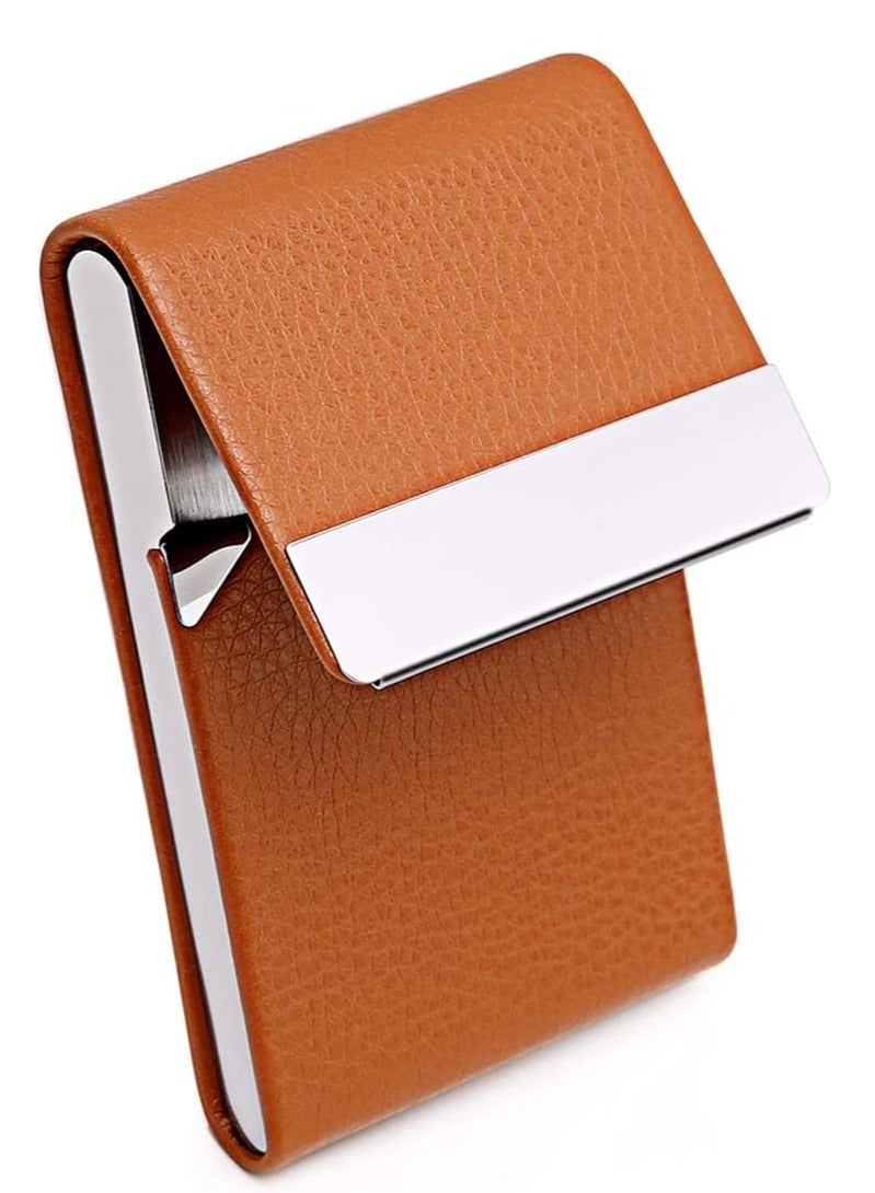SYOSI Business Card Holder Case, Brown Fashion Professional PU Leather Business Card Carrier, Luxury Metal Name Card Holder with Magnetic Shut, Wallet Credit Card ID Case for Men & Women Best Gift  - Image 4