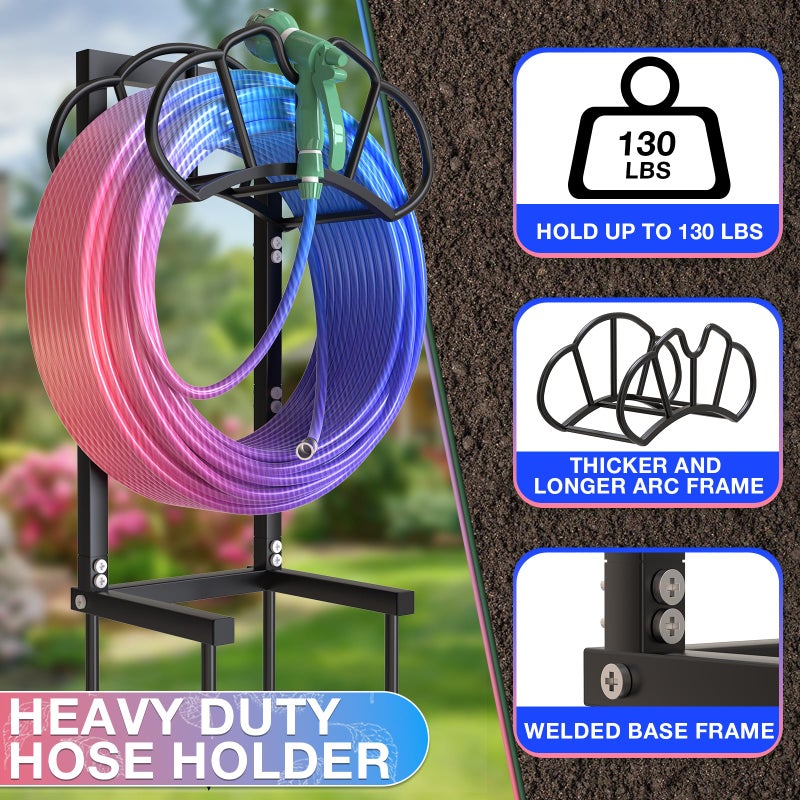 Qatsrin New Garden Hose Holder, Super Stable Water Hose Holders Stand Holds 160-Feet Hose, Rustproof Freestanding Hose Storage Hanger Rack for Outside Yard Lawn Farm, Black - Image 2