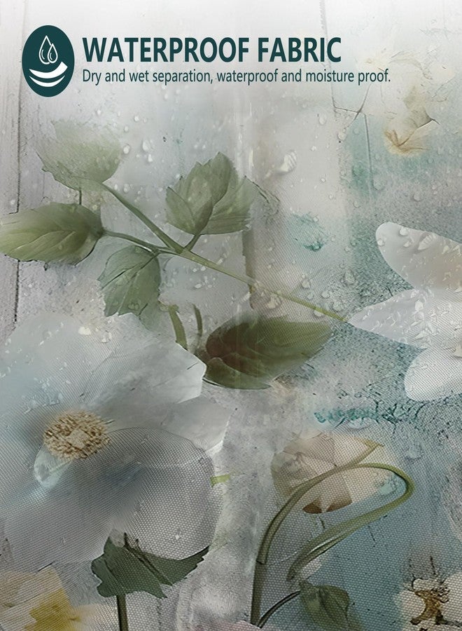 ميهوفوند ستارة حمام ريفية من MEHOFOND بدون خطافات، ستارة حمام مزينة بأزهار ملونة بدون خطافات، ستارة حمام خشبية ريفية مزينة بأزهار زرقاء مخضرة مع بطانة قابلة للتركيب، مصنوعة من قماش بوليستر مقاوم للماء، مقاس 71 × 74 بوصة - Image 4