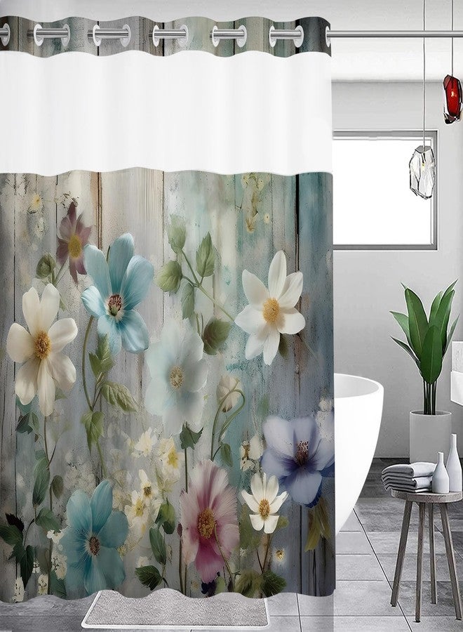 ميهوفوند ستارة حمام ريفية من MEHOFOND بدون خطافات، ستارة حمام مزينة بأزهار ملونة بدون خطافات، ستارة حمام خشبية ريفية مزينة بأزهار زرقاء مخضرة مع بطانة قابلة للتركيب، مصنوعة من قماش بوليستر مقاوم للماء، مقاس 71 × 74 بوصة - Image 1