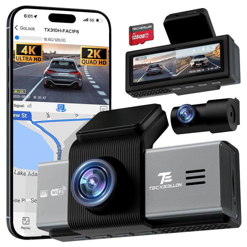 TECXERLLON 4K Dash Cam Front and Rear with ADAS Assist, Free 128GB Card Included, Built-in GPS & 5G WiFi, G-Sensor, Dash Camera with No-Light Night Vision,170Â°/150Â° Wide View, 24H Parking Mode - Image 1