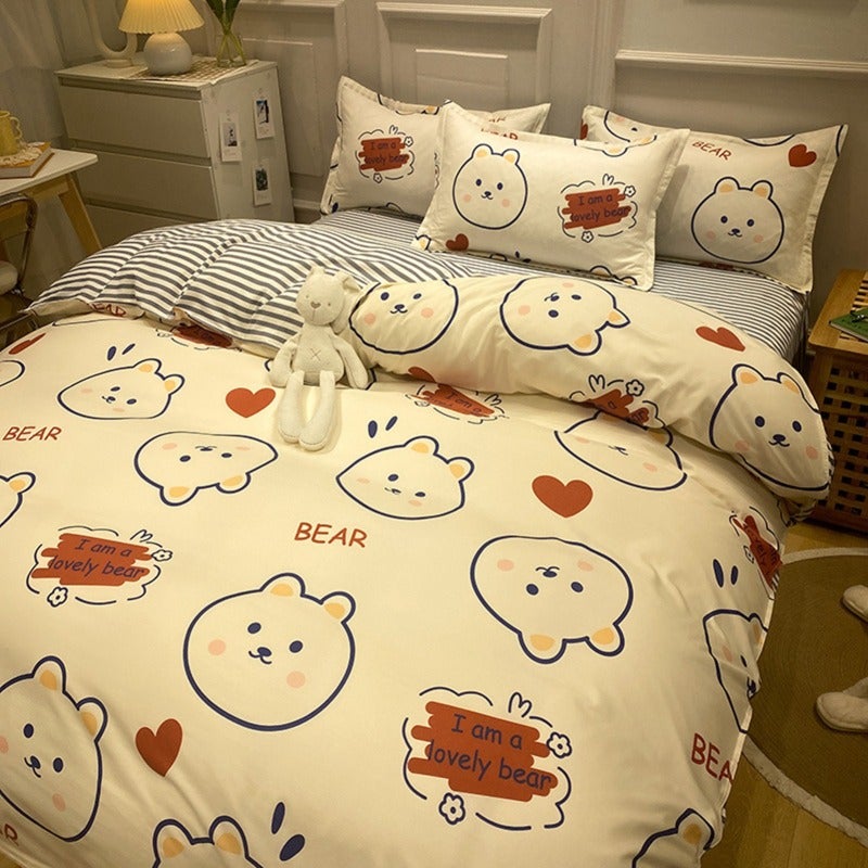 Bed Set Eco Friendly Bright Vivid Colors High Density Polyester Fiber Bed Sets Full for Dormitory Home Hotel Little Cute 1.5 Meters Bed (4 Pieces) - Image 1