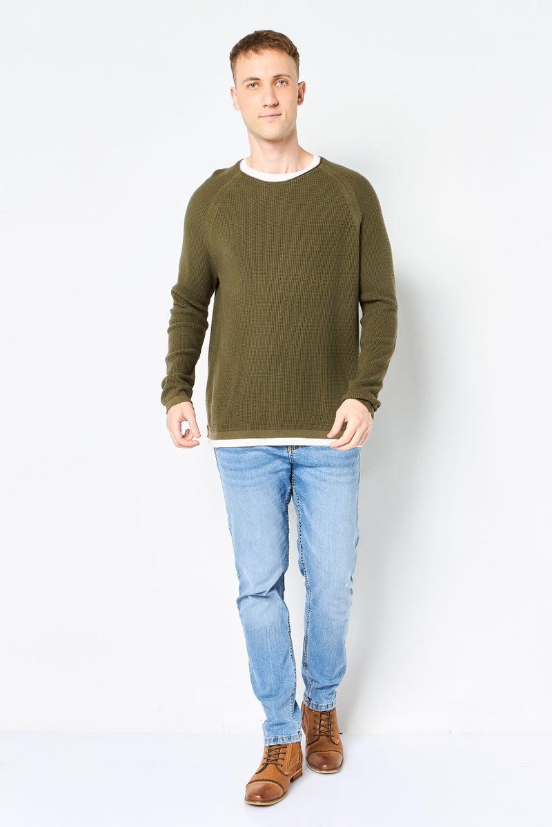 Celio Men Crew Neck Long Sleeves Textured Sweaters, Olive - Image 3