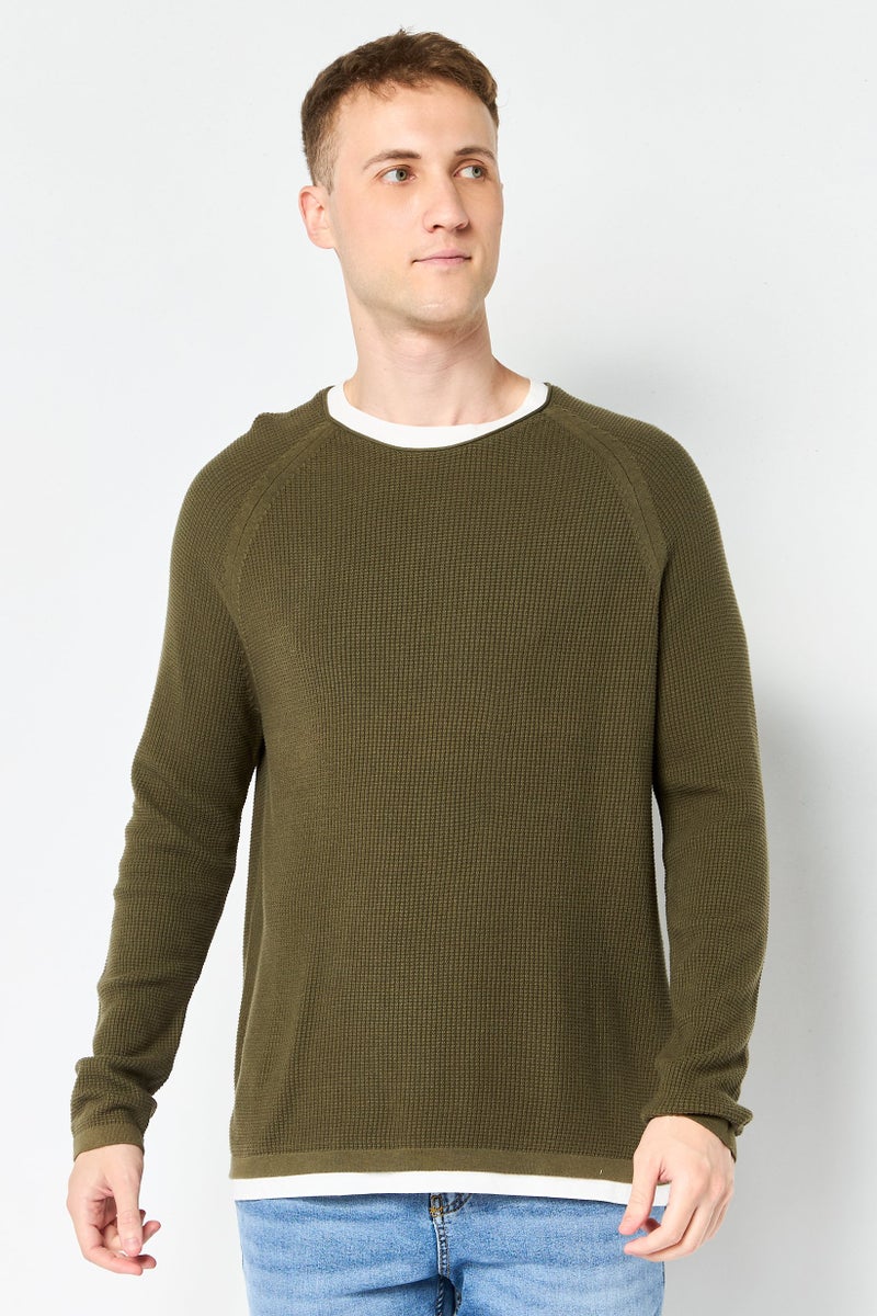 Celio Men Crew Neck Long Sleeves Textured Sweaters, Olive - Image 1