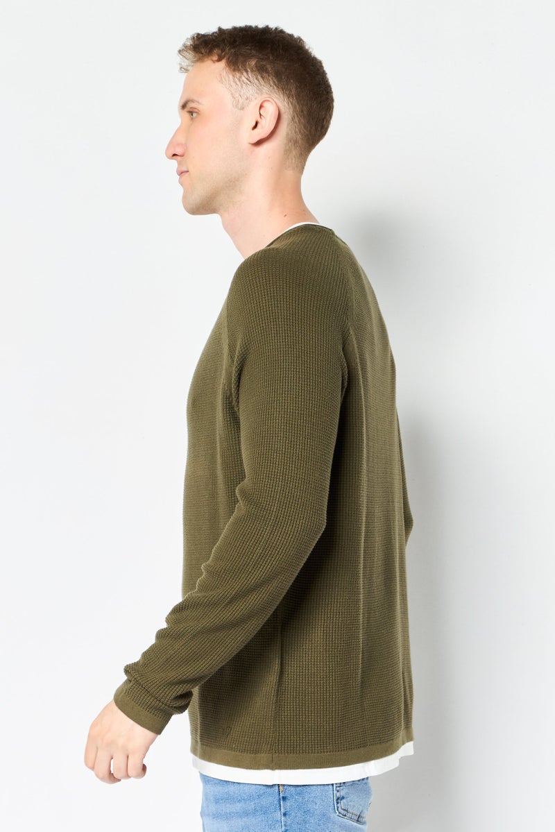 Celio Men Crew Neck Long Sleeves Textured Sweaters, Olive - Image 2