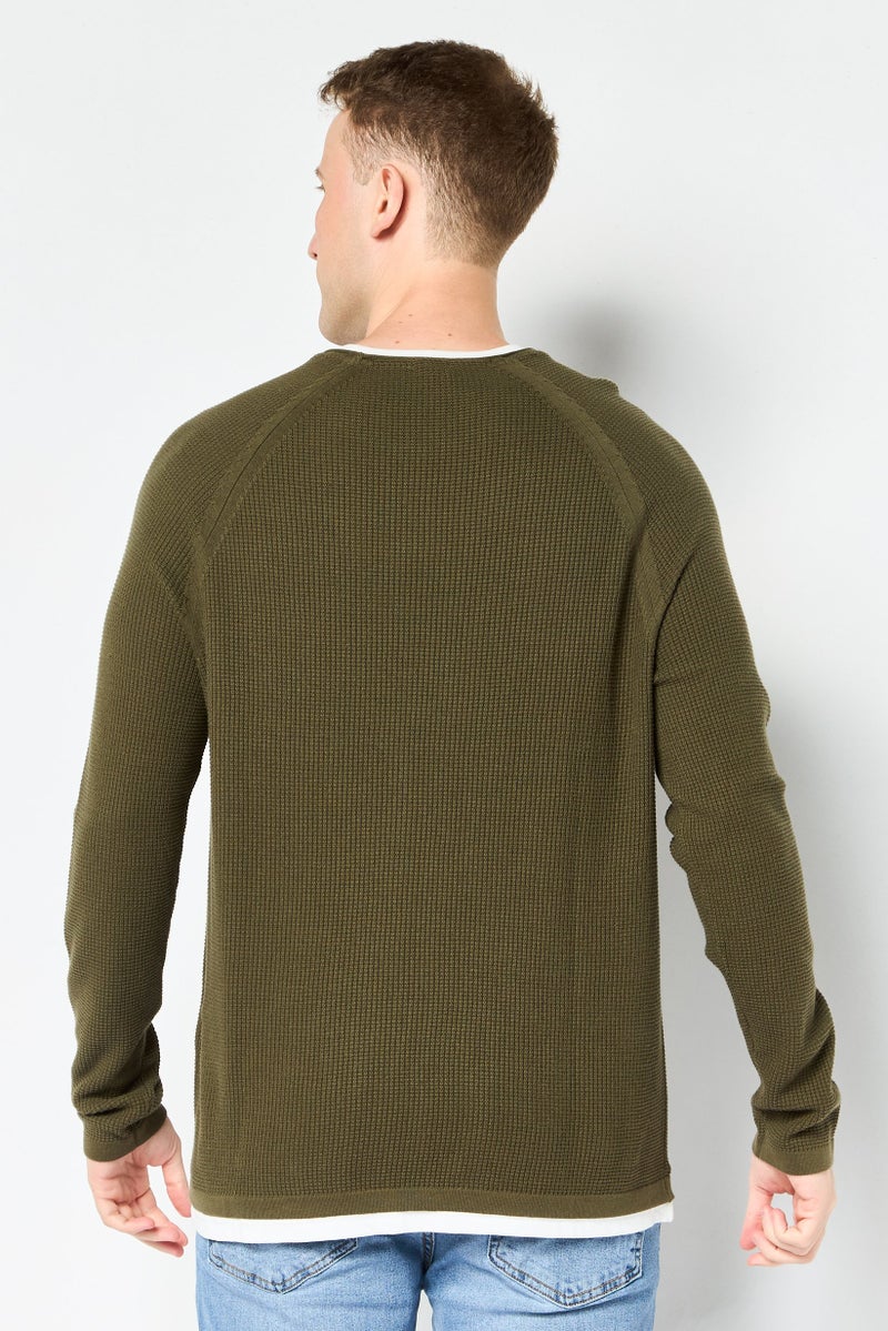 Celio Men Crew Neck Long Sleeves Textured Sweaters, Olive - Image 4