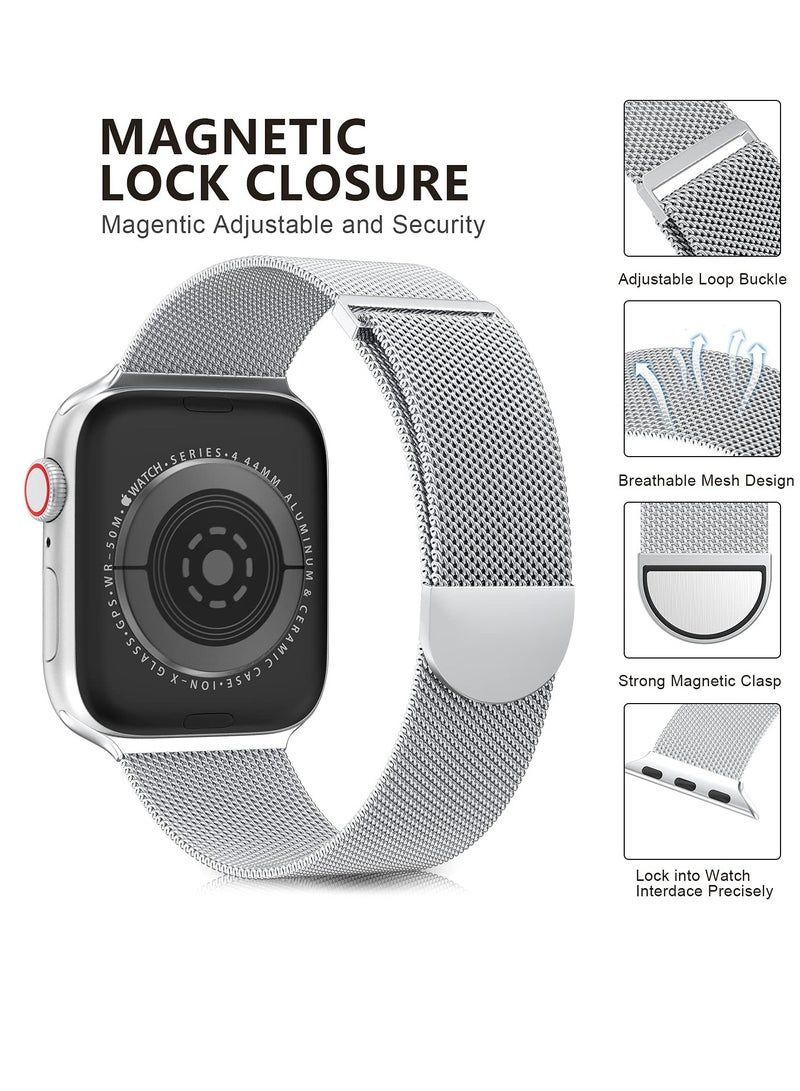 متوافق مع Apple Watch Band 42mm 41mm 40mm 38mm للنساء والرجال ، حزام معدني مغناطيسي من الفولاذ المقاوم للصدأ معصم متوافق مع سلسلة iWatch 11/10 9 8 7 6 5 4 3 2 1 SE Sliver - Image 3