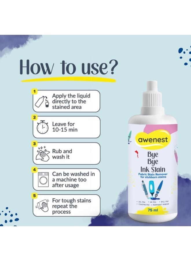 awenest Bye Bye Ink Stain | Fabric Stain Remover for Ink, Pen, Marker, and Fountain Pen Stains | Quick & Effective Stubborn Ink Removal | 75 ml Bottle - Image 4