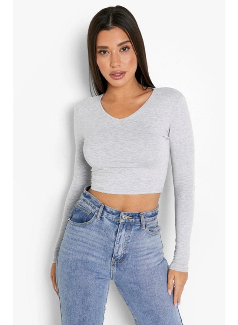Women's Undershirts Deep V-Neck Long Sleeve Crop Top  Form-Fitting - Image 3