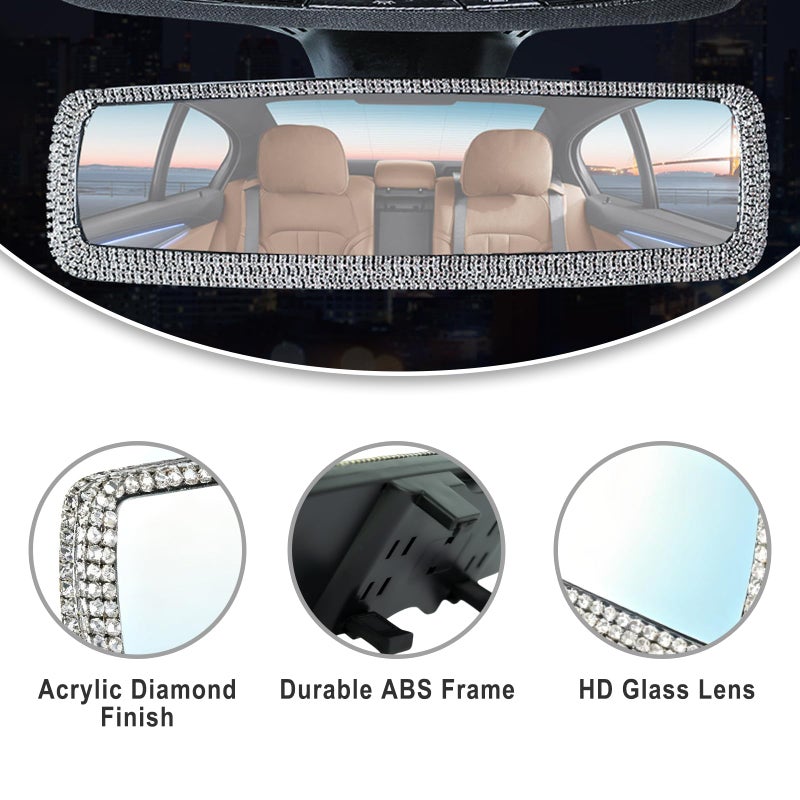 AMZAUTO Bling Rhinestone Rearview Mirror, Car Interior Clip-on Rear View Accessories Decorations Panoramic Rear View Mirror with Bling Rhinestones Crystal Diamonds Edge for SUV, Truck - Image 3