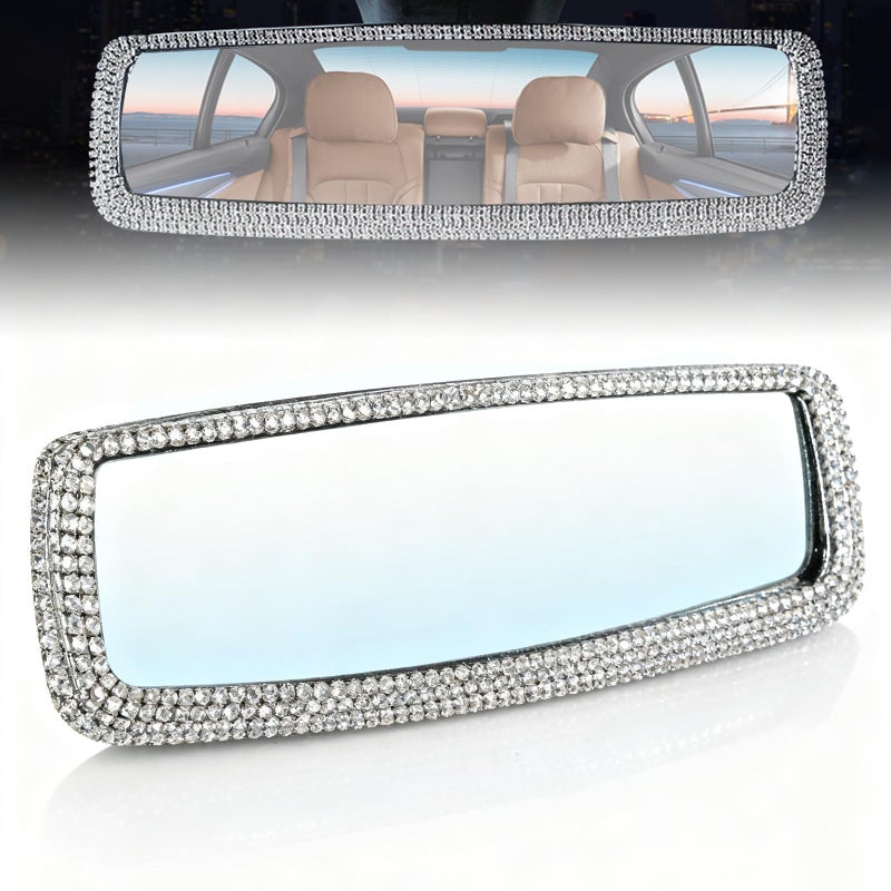 AMZAUTO Bling Rhinestone Rearview Mirror, Car Interior Clip-on Rear View Accessories Decorations Panoramic Rear View Mirror with Bling Rhinestones Crystal Diamonds Edge for SUV, Truck - Image 1