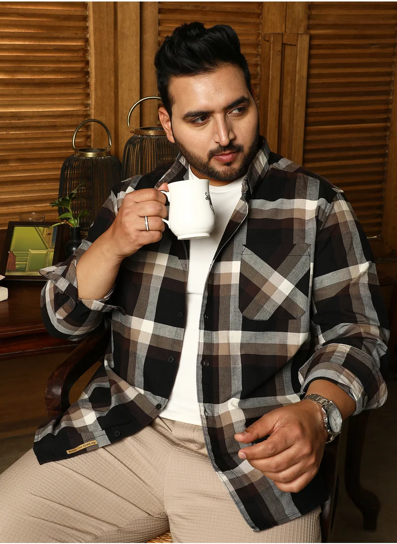 Instafab Plus Instafab Plus Men's Black & Beige Pixelated-Check Relaxed Shirt For Casual Wear | Spread Collar | Long Cuffed Sleeves | Button Closure | Plus Size Shirt Crafted With Comfort Fit For Everyday Wear