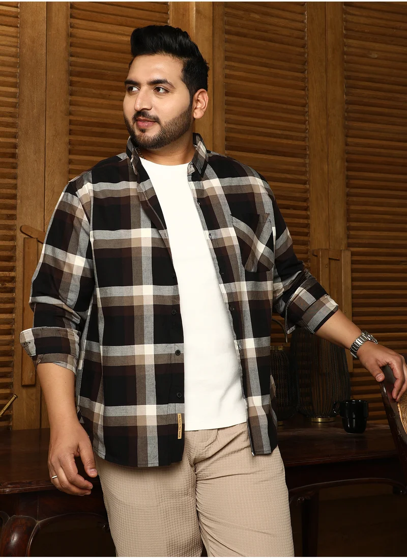 Instafab Plus Instafab Plus Men's Black & Beige Pixelated-Check Relaxed Shirt For Casual Wear | Spread Collar | Long Cuffed Sleeves | Button Closure | Plus Size Shirt Crafted With Comfort Fit For Everyday Wear