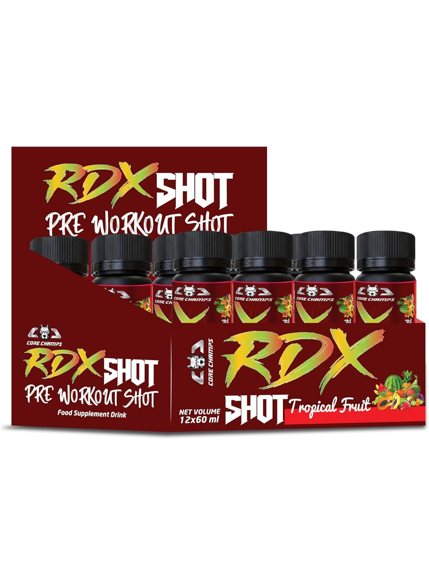 CORE CHAMPS RDX Pre Workout Shot – Tropical Fruit Flavor | 60ml Pack of 12 Energy Drink with Beta-Alanine, Caffeine, Citrulline, L-Arginine & L-Carnitine | Instant Energy Booster for Strength, Focus &