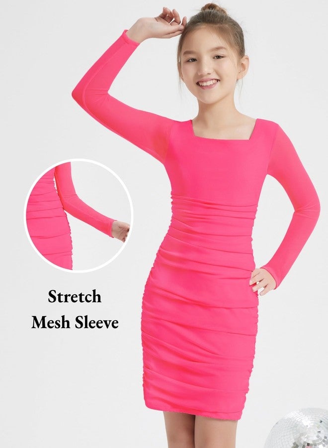 EXARUS Girls Formal Long Sleeve/Spaghetti Strap Dress Teen Party Dance Tween Bodycon Ruched Prom Fitted Cute Dresses, Long Sleeve Bright Pink, 10 Years - Image 5