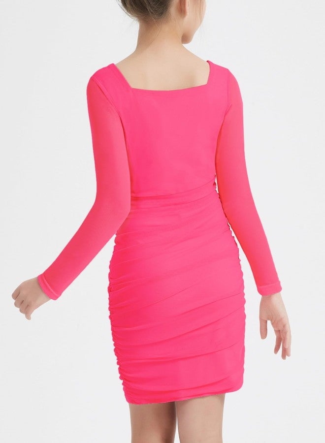 EXARUS Girls Formal Long Sleeve/Spaghetti Strap Dress Teen Party Dance Tween Bodycon Ruched Prom Fitted Cute Dresses, Long Sleeve Bright Pink, 10 Years - Image 3