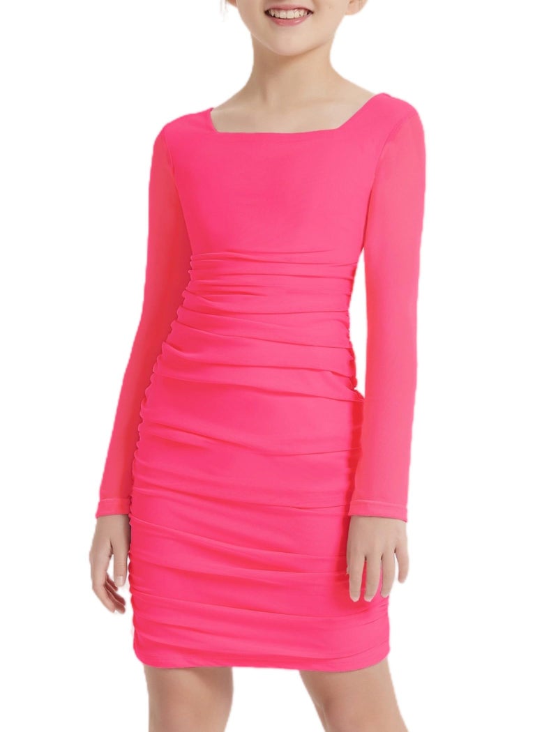 EXARUS Girls Formal Long Sleeve/Spaghetti Strap Dress Teen Party Dance Tween Bodycon Ruched Prom Fitted Cute Dresses, Long Sleeve Bright Pink, 10 Years - Image 1