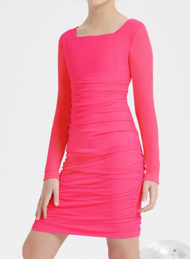 EXARUS Girls Formal Long Sleeve/Spaghetti Strap Dress Teen Party Dance Tween Bodycon Ruched Prom Fitted Cute Dresses, Long Sleeve Bright Pink, 10 Years - Image 2