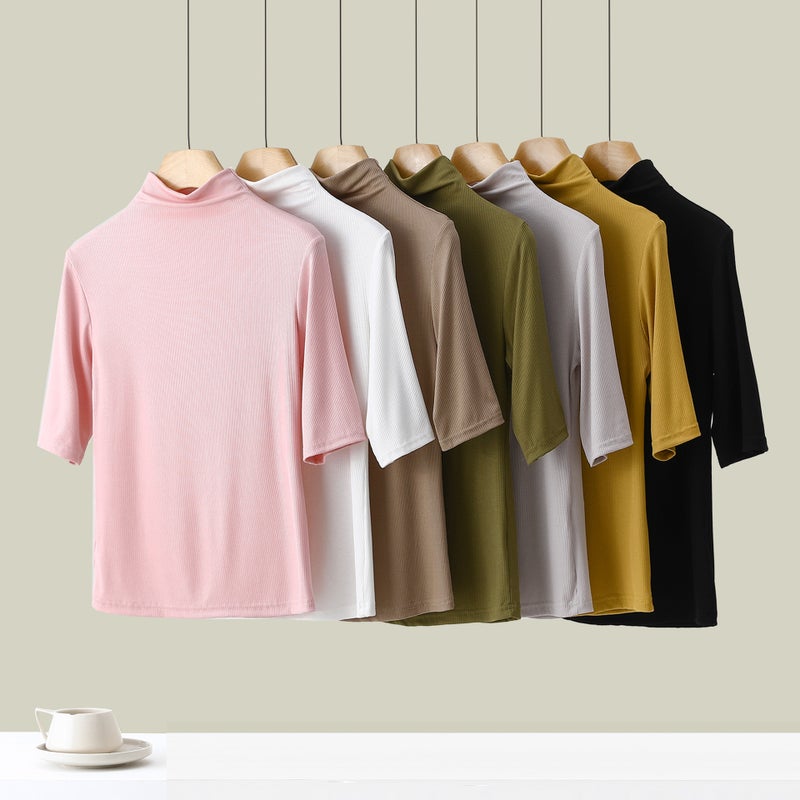 Ribbed Women'S High-Neck Five-Quarter Sleeve Round-Neck T-Shirt Base Layer Solid Color Casual Inner Wear Style - Image 2