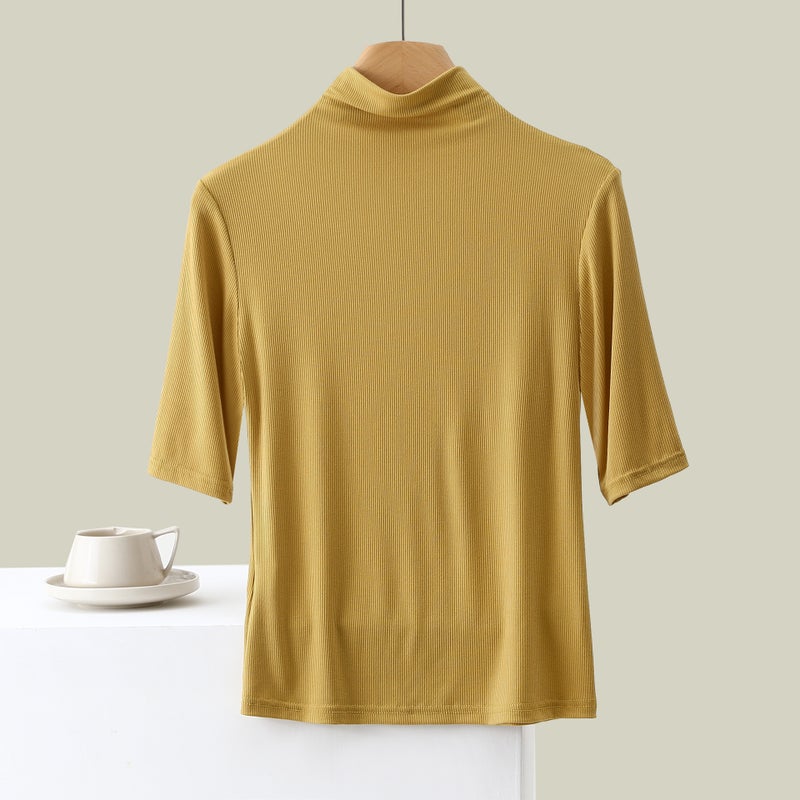Ribbed Women'S High-Neck Five-Quarter Sleeve Round-Neck T-Shirt Base Layer Solid Color Casual Inner Wear Style - Image 4
