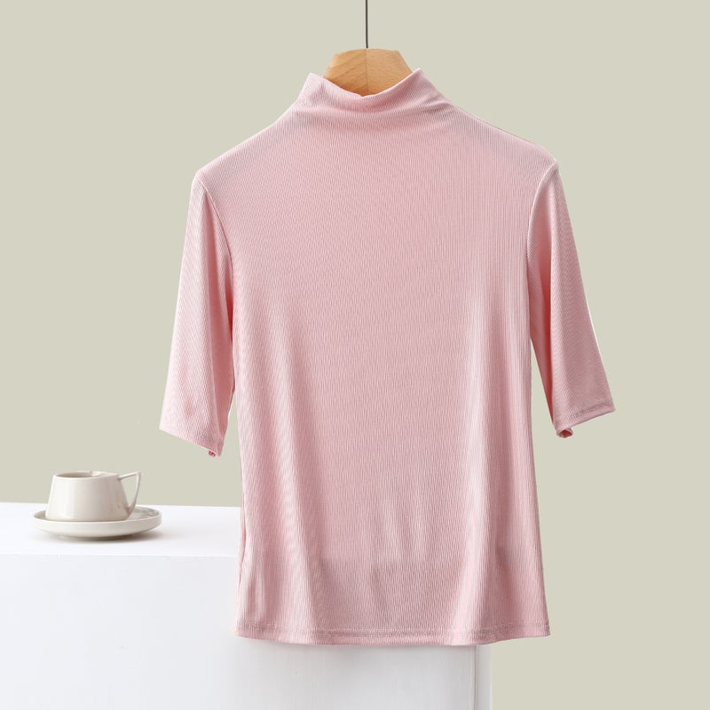 Ribbed Women'S High-Neck Five-Quarter Sleeve Round-Neck T-Shirt Base Layer Solid Color Casual Inner Wear Style - Image 1