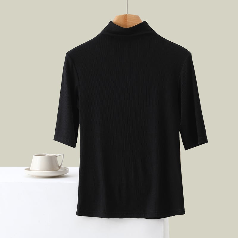 Ribbed Women'S High-Neck Five-Quarter Sleeve Round-Neck T-Shirt Base Layer Solid Color Casual Inner Wear Style - Image 3