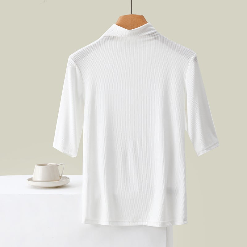 Ribbed Women'S High-Neck Five-Quarter Sleeve Round-Neck T-Shirt Base Layer Solid Color Casual Inner Wear Style - Image 5