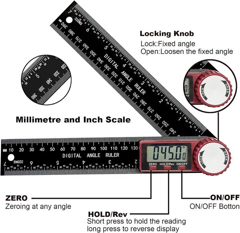 NORTOOLS Digital Angle Finder, 8 inch /230mm T-Bevel Protractor Ruler,Horizontal Vertical Bubble levels with Large LED Screen, 0-360° Measuring Tool,Suitable for Woodworking/Construction/DIY ﻿ - Image 2