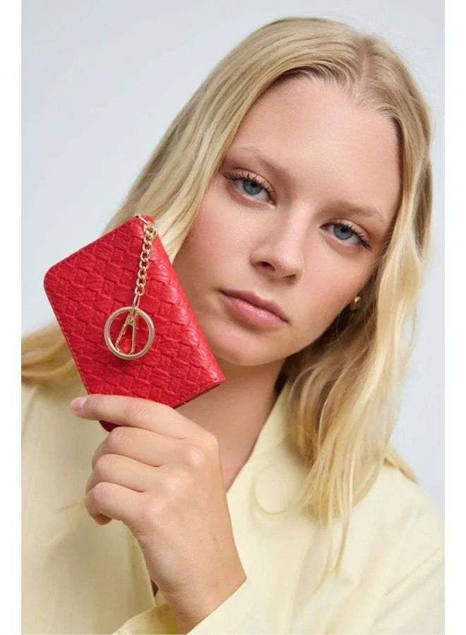 Red Woven Knit Leather Charm Cardholder.
