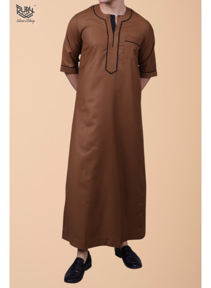 روبي للملابس الإسلامية ثوب رجالي بأكمام قصيرة وياقة دائرية تقليدي جلابية | رداء للرجال | جبة | كندورة | موكا - Image 2