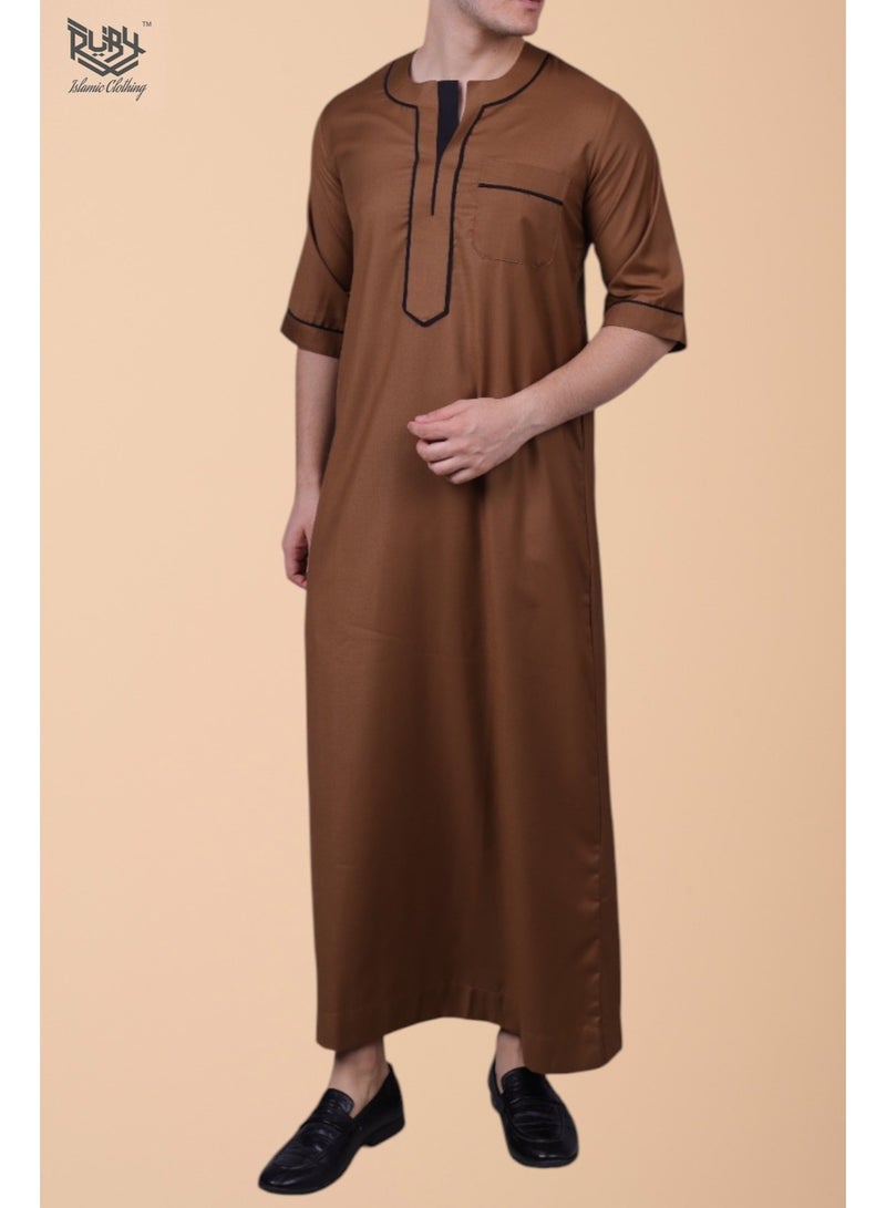 روبي للملابس الإسلامية ثوب رجالي بأكمام قصيرة وياقة دائرية تقليدي جلابية | رداء للرجال | جبة | كندورة | موكا - Image 1