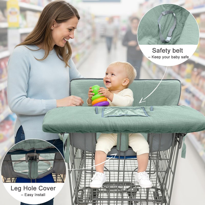 BeBeJoJo Muslin Shopping Cart Cover for Baby Soft & Breathable High Chair Covers for Restaurant Seat Grocery Cart Cover with Storage Pocket Machine Washable for Infant Toddler Boy Girl, Sage Green - Image 3