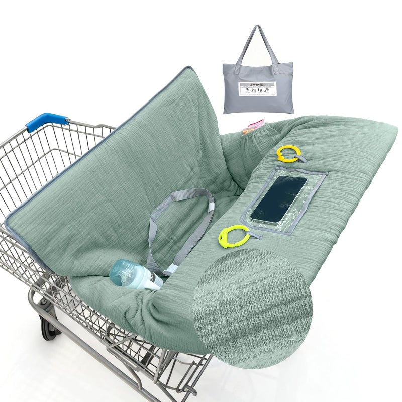 BeBeJoJo Muslin Shopping Cart Cover for Baby Soft & Breathable High Chair Covers for Restaurant Seat Grocery Cart Cover with Storage Pocket Machine Washable for Infant Toddler Boy Girl, Sage Green - Image 1