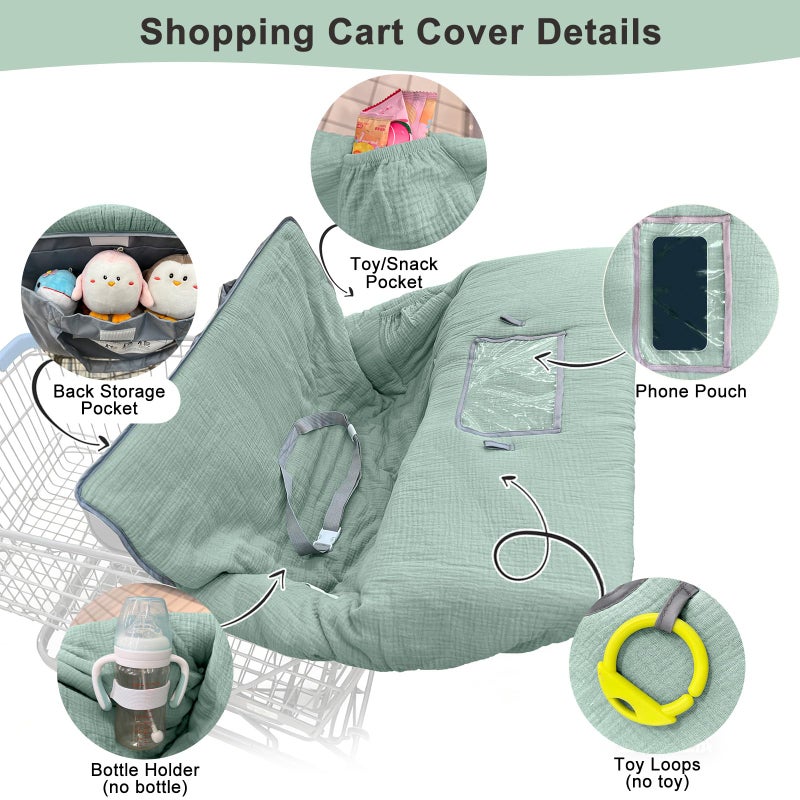 BeBeJoJo Muslin Shopping Cart Cover for Baby Soft & Breathable High Chair Covers for Restaurant Seat Grocery Cart Cover with Storage Pocket Machine Washable for Infant Toddler Boy Girl, Sage Green - Image 5
