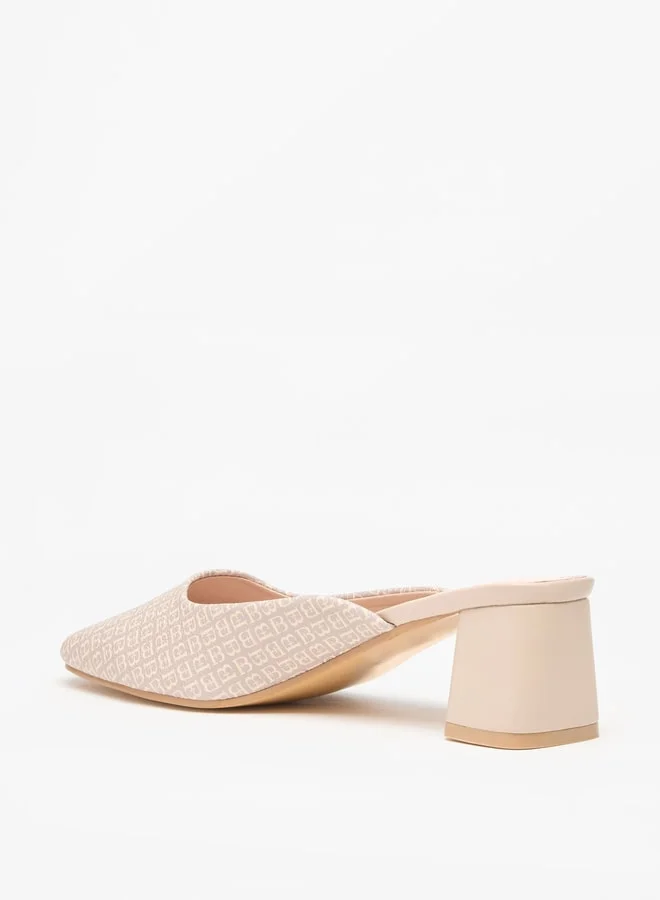 Flora Bella By Shoexpress Women's All-Over Monogram Print Slip-On Mules with Block Heels