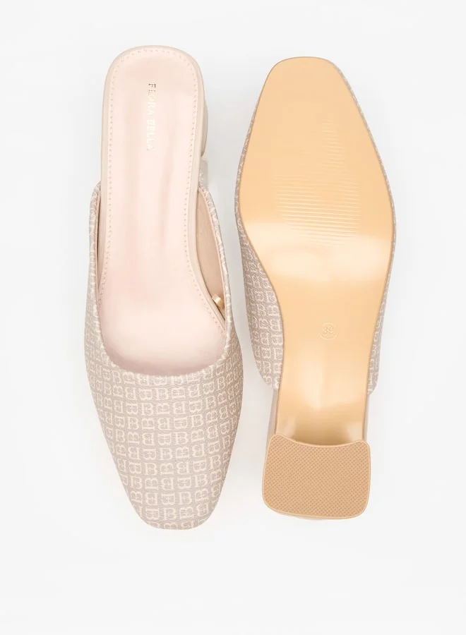 Flora Bella By Shoexpress Women's All-Over Monogram Print Slip-On Mules with Block Heels