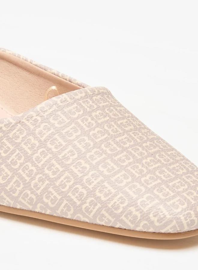 Flora Bella By Shoexpress Women's All-Over Monogram Print Slip-On Mules with Block Heels