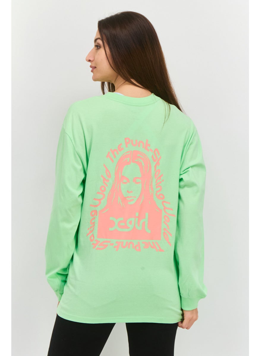 X-Girl Women Round Neck Long Sleeves Graphic Print T-Shirt, Lime Green  - Image 3