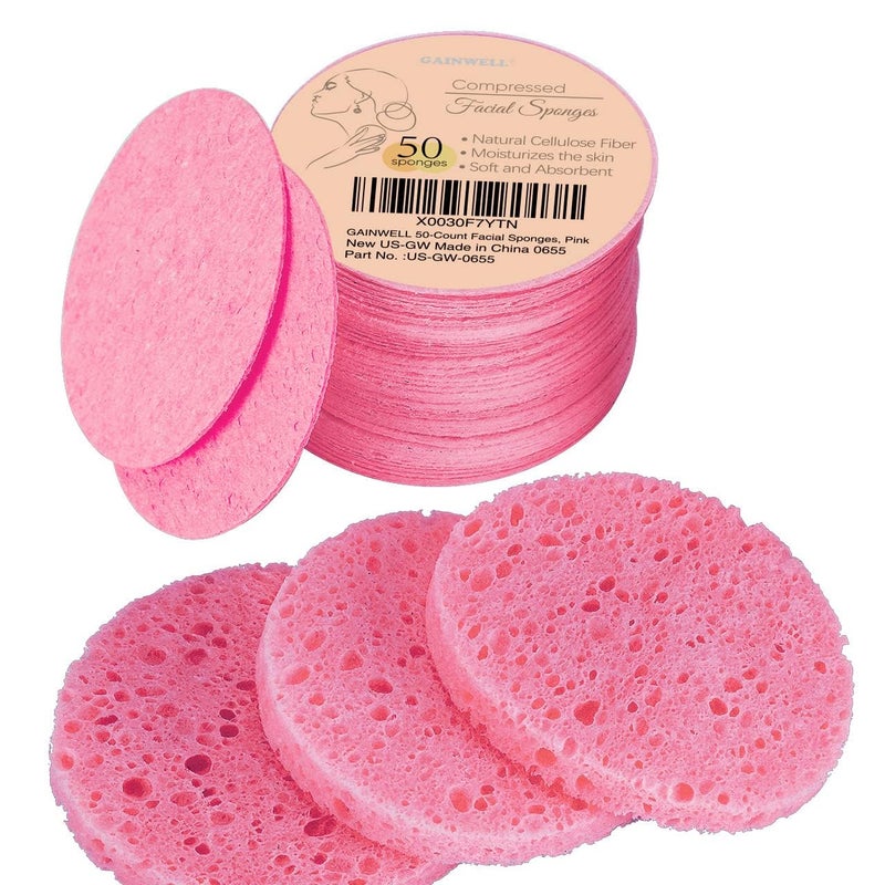 GAINWELL 50Count Compressed Facial Sponges for Daily Facial Cleansing and Exfoliating 100 Natural Cosmetic Spa Sponges for Makeup Remover Reusable Pink