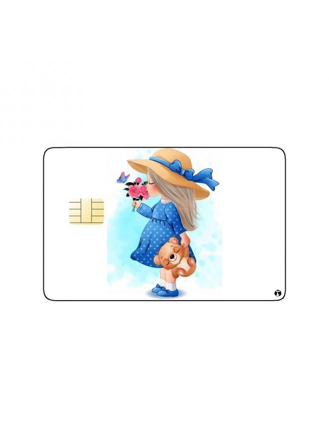 RKN PRINTED BANK CARD STICKER Cute Girl Drawing In Blue Dress With Teddy Bear - Image 1